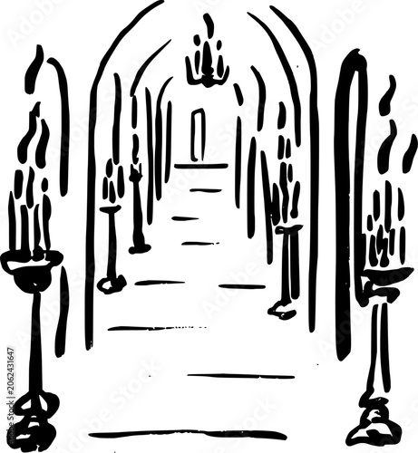 Hand Drawn Dark Hallway with Candles Vector Illustration