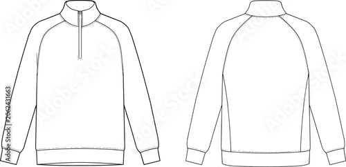Technical fashion flat sketch of a long sleeve quarter zip sweatshirt with raglan sleeves and ribbing for design