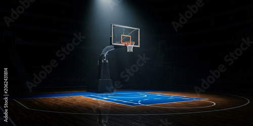 A dimly lit basketball court with a single spotlight shining on the hoop and a blue court with white markings.