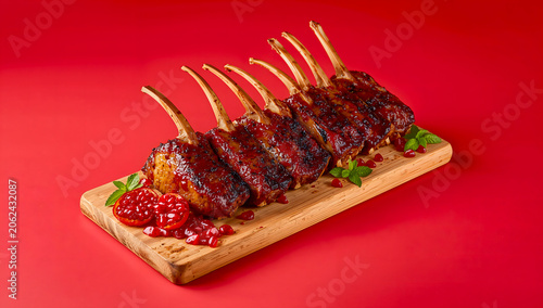 Smoky Lamb Ribs with Sticky Pomegranate Glaze on Wooden Board with Red Background BBQ Barbecue Braai Scene