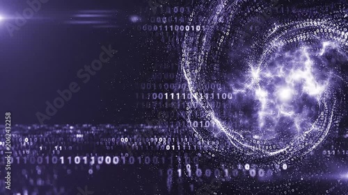 Digital binary code stream with swirling data vortex in dark cyberspace