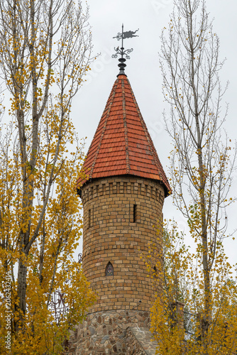 Tower stands among trees in autumn setting