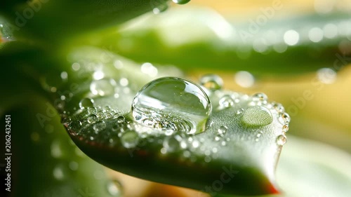 Macro close-up of fresh water droplets on a vibrant green succulent leaf