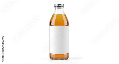 Clear glass bottle with orange liquid and cap.