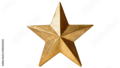Golden five-pointed star ornament with textured surface, isolated on transparent background