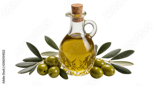 Quadro em tela Glass cruet filled with golden olive oil surrounded by green olives and leaves