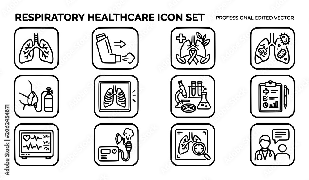 Obraz premium Editable Stroke Respiratory Disease and Lung Care Outline Icons for Medical Apps and Healthcare Websites