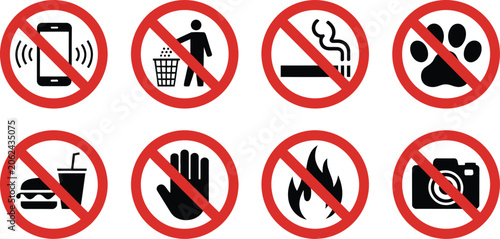 фотографія No smoking, Prohibited signs icon set, no smoking, no cell phone, no pets, no littering, no fire, no photography and warning symbols