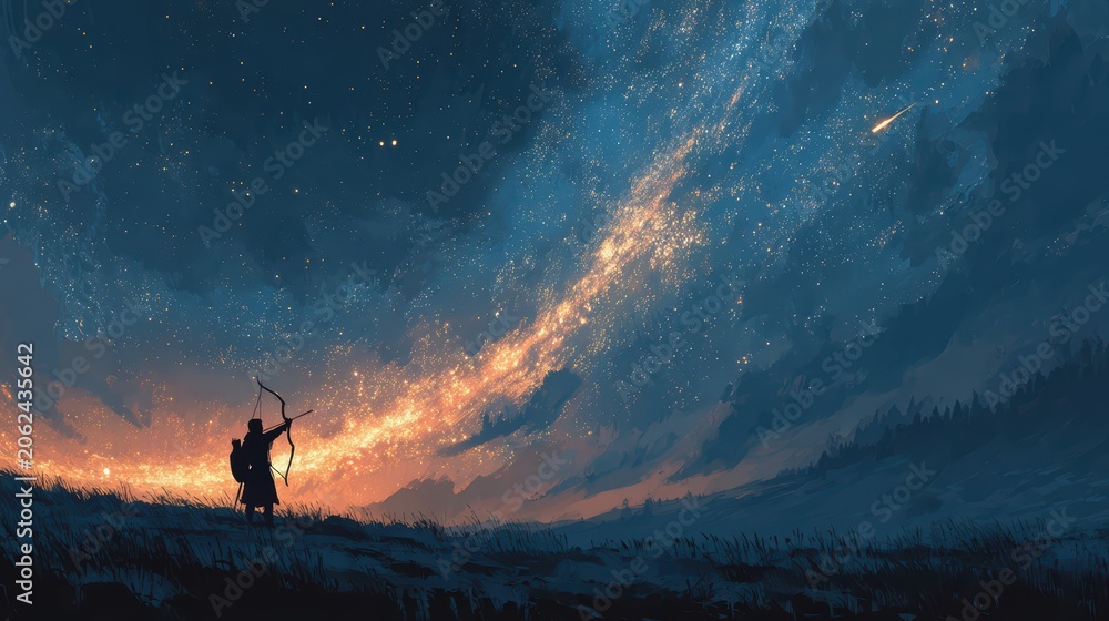Fototapeta premium Night Sky with Archer Under Stars and Comet in Dramatic Landscape