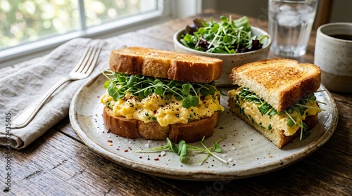 Freshly made scrambled egg sandwich with microgreens and side salad, perfect for breakfast or lunch.