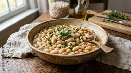 Hearty bowl of white beans seasoned with fresh herbs and olive oil, a comforting rustic dish.