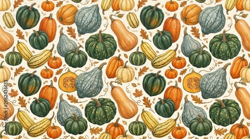 Vibrant autumn harvest pattern featuring diverse pumpkins and gourds with fallen leaves