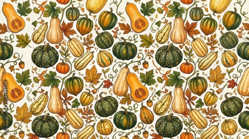 Vibrant autumn harvest pattern featuring diverse gourds and fall leaves