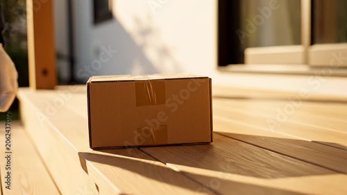 Delivery Courier Placing A Cardboard Parcel On A Wooden Porch Floor
