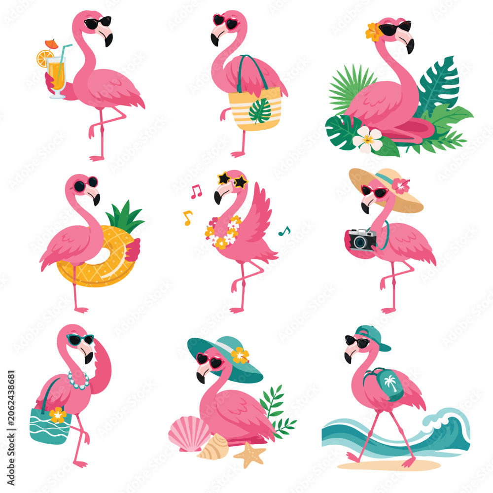 Obraz premium Collection of Cute Cartoon Flamingos Enjoying Summer Vacation Activities with Sunglasses and Tropical Accessories.