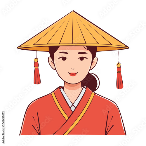 Geisha in traditional red kimono with umbrella