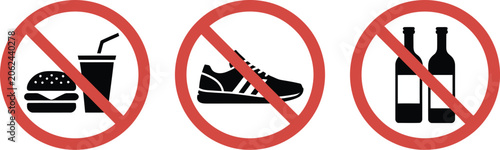 Prohibition icon set, restriction signs including no smoking, no food, no footwear, no alcohol and no pets for public safety and compliance design.