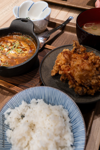 japanese curry karaage set meal rice miso closeup