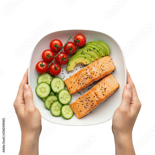 Pair of hands cradling a minimalist ceramic bowl with seared salmon, ripe avocado, fresh cherry tomatoes, and cucumber in a bright healthy dining atmosphere