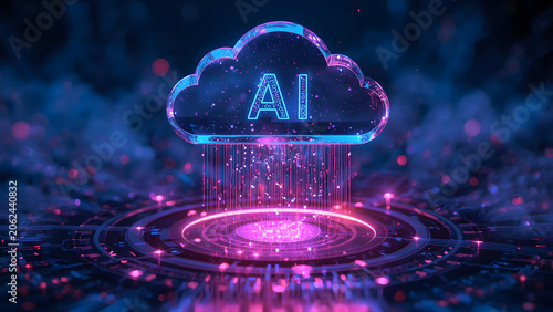 Cloud and edge computing technology data transfer concept. A large cloud icon is in the center, Ai Brain Cloud Big data, network, Science and futuristic ai cloud background concept.	
