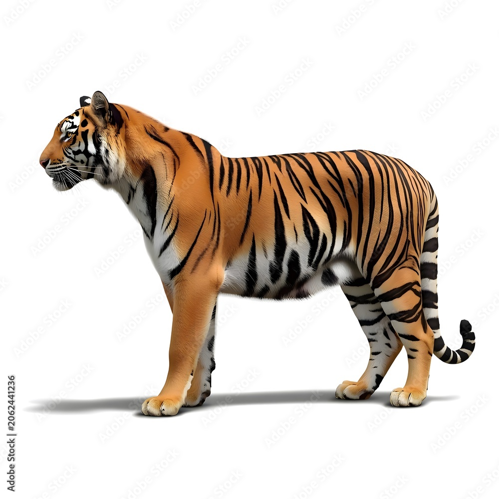 Obraz premium Majestic Tiger: A powerful tiger with striking orange and black stripes stands proudly, showcasing its raw beauty and untamed spirit.