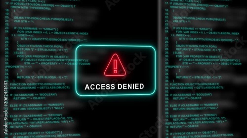 Red Exclamation Mark Warning Symbol access denied Neon Sign on cyan Digital Code- 4k black background icon animation with Glitch Effect