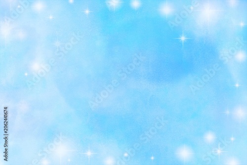 キラキラ輝く星と光の粒子が綺麗な青い水彩背景イラスト・水色グラデーション背景素材