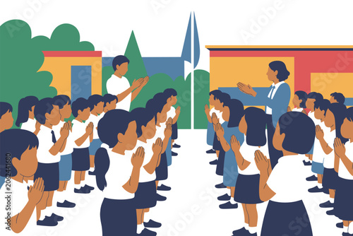 Fotografie Students and Teachers Greeting with Wai Gesture at School