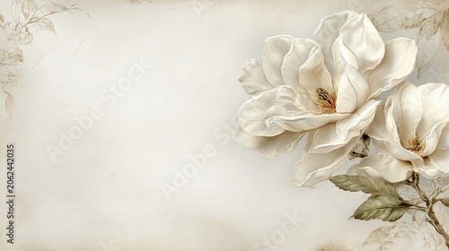Elegant White Magnolia Flower Background with Soft Botanical Sketch Detail and Minimal Copy Space
