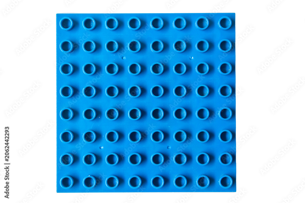 Fototapeta premium Top view Bright Azure Blue Square lego duplo base plate toy block brick isolated on white