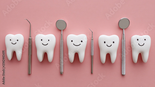 Cute smiling tooth characters with dental tools on pink background for oral health awareness