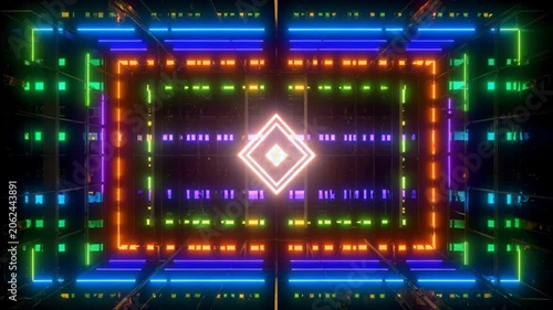 Digital square tunnel forming geometric patterns with glowing neon lights connecting virtual spaces and technology design.