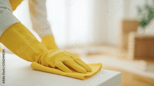 Person wearing yellow gloves cleaning a table with a yellow cloth