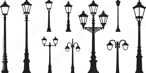 Obraz na płótnie Collection of Ornate Black Silhouette Street Lamp Posts on White Background Keyw