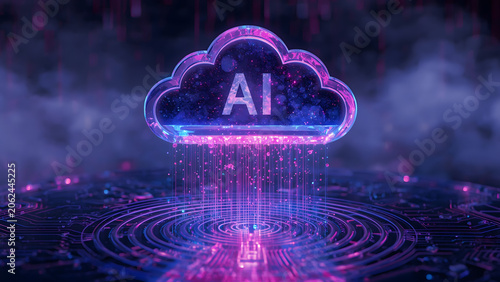 Cloud and edge computing technology data transfer concept. A large cloud icon is in the center, Ai Brain Cloud Big data, network, Science and futuristic ai cloud background concept.	