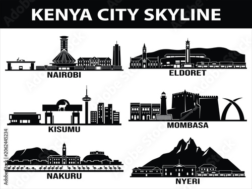 Black Kenya city skyline set with Nairobi and Mombasa