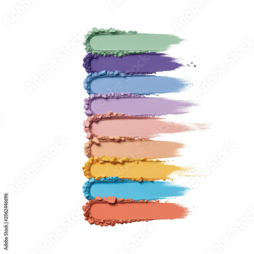 Vertical stack of rectangular pressed powder eyeshadow swatches in rainbow colors for makeup application isolated on a transparent background