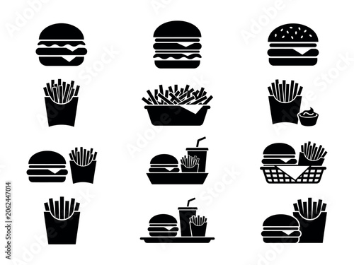 Fast food icon set featuring burgers, french fries, and soda drink silhouettes