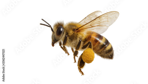 Honey bee with pollen basket on leg flying