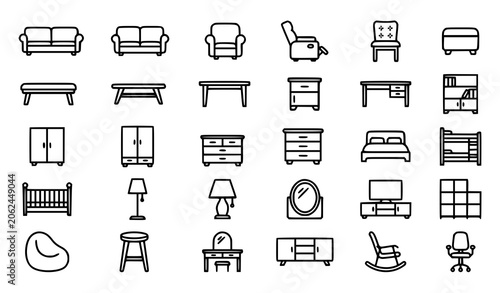 Fotografía Basic Furniture Thin Line Icon Set with Cushioned Home Furniture Editable Stroke