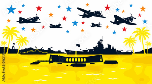 Εκτύπωση καμβά USS Arizona Memorial and Battleships Silhouette with Airplanes and Palm Trees, P