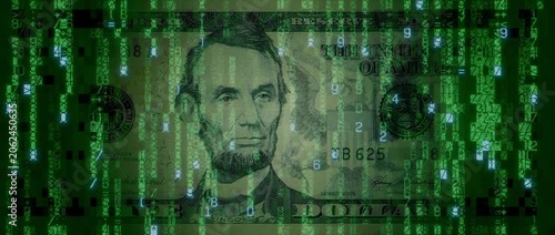 Digital Cash Concept with Five Dollar Bill made up of Animated Code. Blockchain Banking Wallpaper.