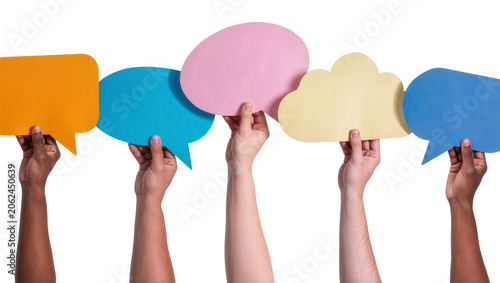 Принти на полотні Diverse hands holding colorful speech bubbles and cloud shapes