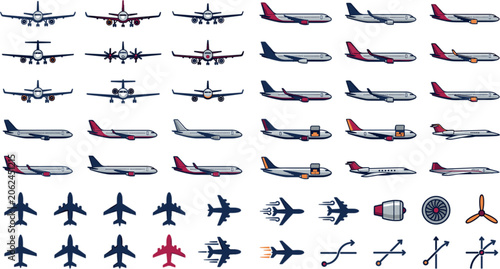 Tableau sur toile Airplane and Aviation Icon Set with Commercial Jet Airliners, Flight Paths, and