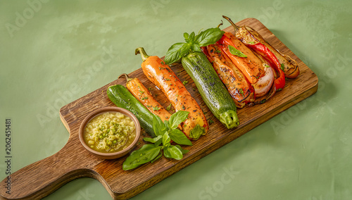 Grilled Zucchini, Bell Peppers and Onions with Brazilian Herbs on Green Background BBQ Braai Vegetable Scene