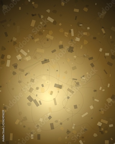 Abstract gold background with scattered confetti and streamers