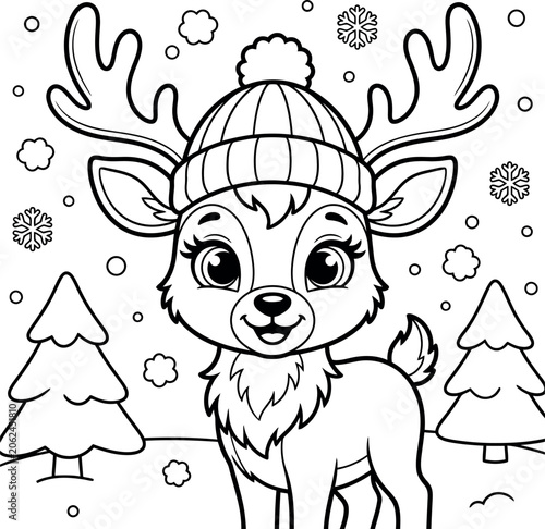 Fotografie Reindeer With Winter Hat And Trees Black And White Vector Illustration