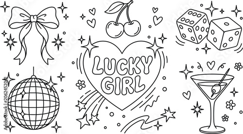 Obraz na płótnie Lucky girl syndrome aesthetic icon set with bow disco ball cherries dice and mar