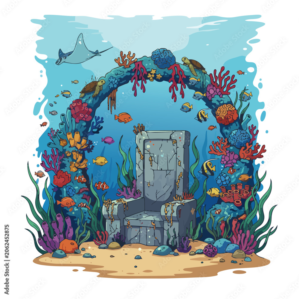 Naklejka premium Ancient Stone Throne Beneath the Sea Surrounded by Colorful Coral Reef