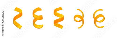 Five small orange zest twists isolated on transparent background